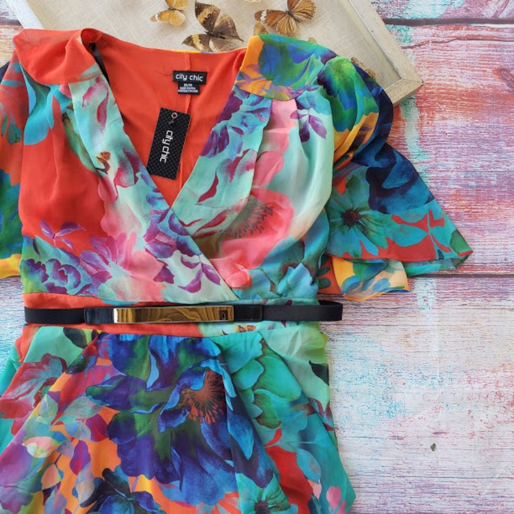 NWT City Chic Summer Faux Wrap Chiffon Dress - Picture 6 of 12